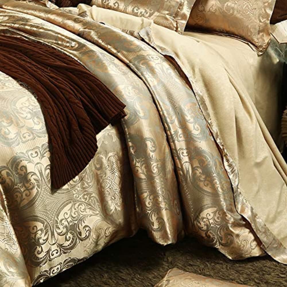 Satin Bettwäsche 135x200 cm 4teilig Golden Gold Blumen Blumenmuster Deckenbezug Glatt Luxus Jacquard