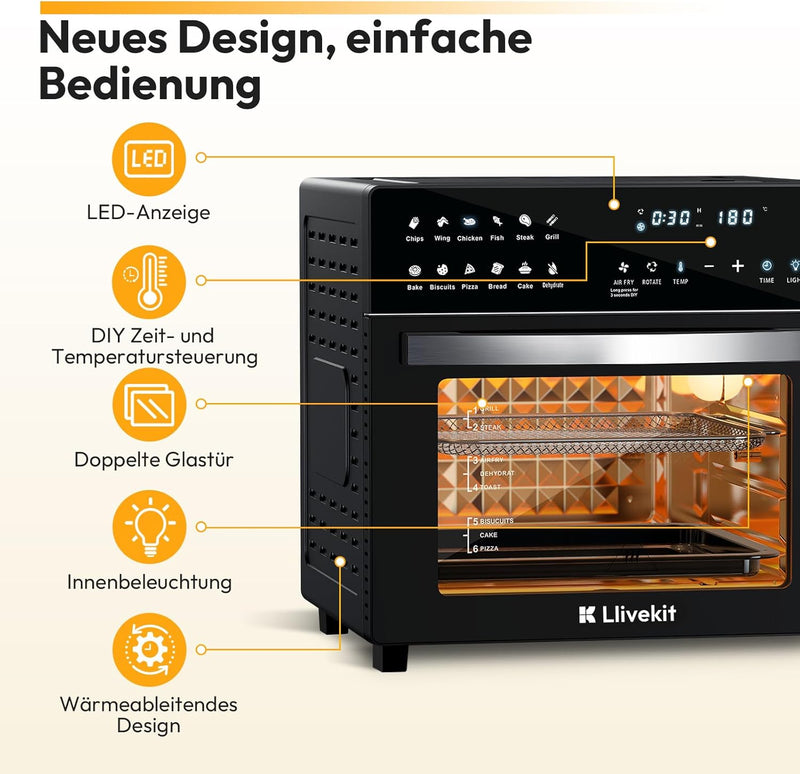 LLIVEKIT Heissluftfritteuse Minibackofen 26L, 1700W Airfryer XXL mit 12 Programmen und Rezeptbuch, H