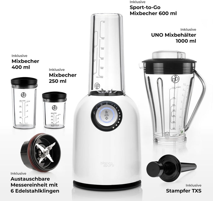 bianco di puro Hochleistungsmixer Attivo bis 24.500 U/Min Smoothie Maker inkl. Sport-To-Go Mixbecher