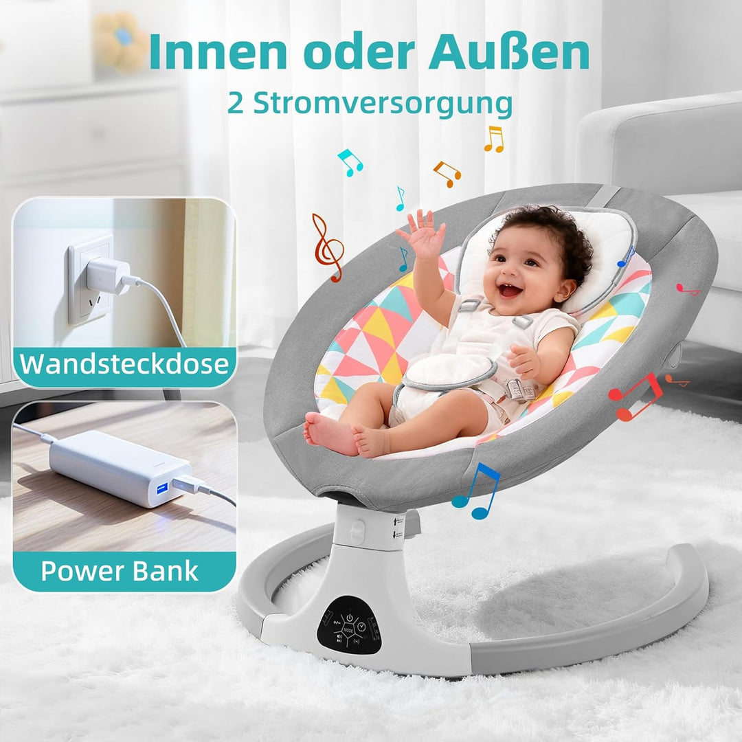Babywippe Elektrisch,Babyschaukel Indoor Bluetooth, 5 Schwinggeschwindigkeit, 3 Winkellage, Fernsteu