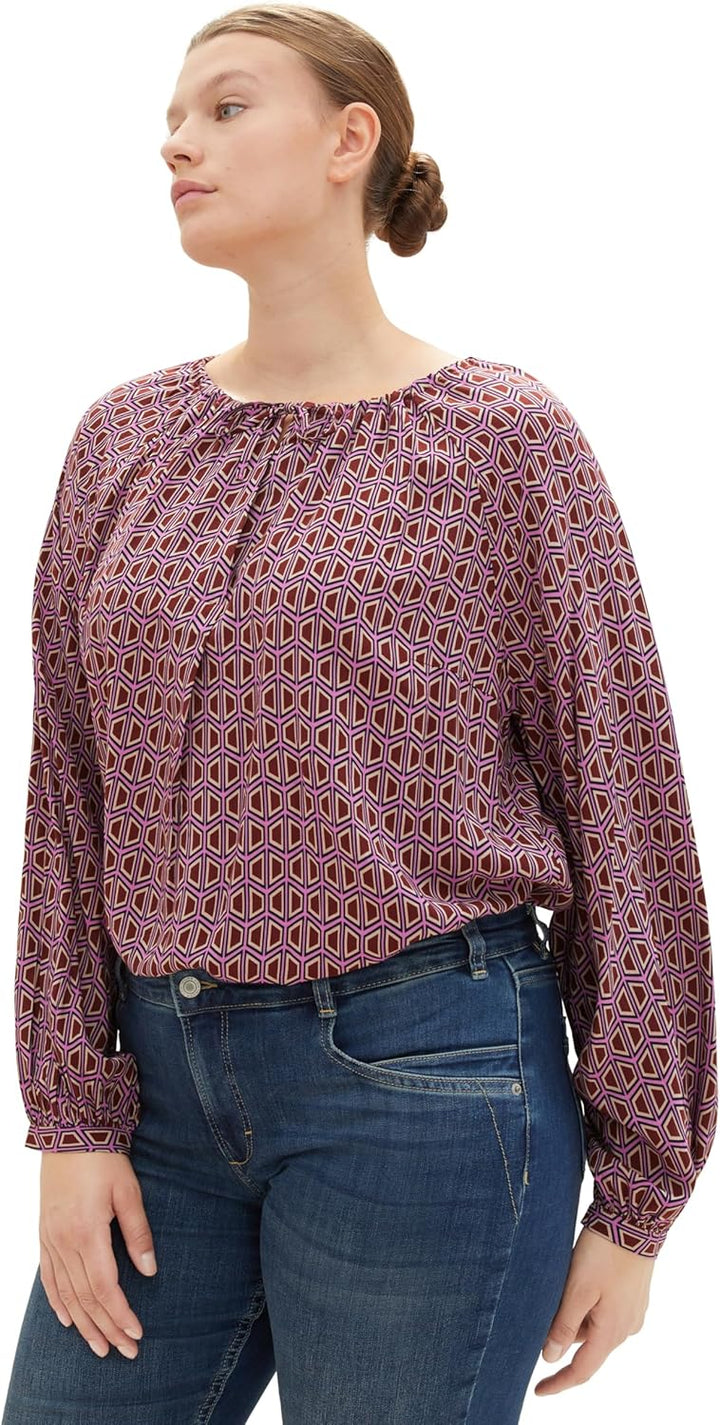 TOM TAILOR Damen Plussize Bluse, 33989 - Brown Geometrics Print