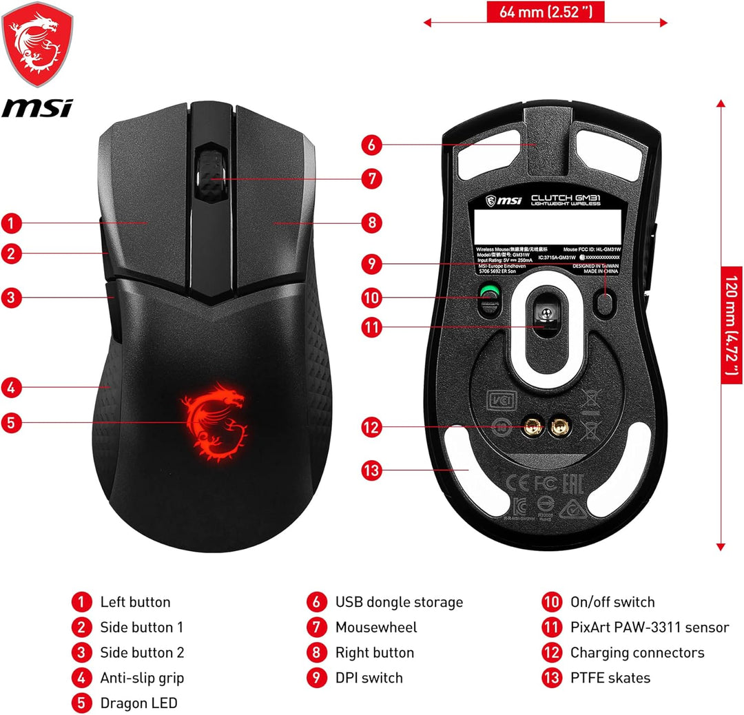 MSI Clutch GM31 Lightweight Wireless Gaming Mouse - 12.000 DPI Optischer Sensor, Rechtshänder, 60M+