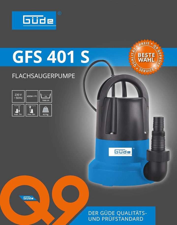 Güde 94627 GFS 401 S Flachsaugerpumpe Tauchpumpe Kellerpumpe (400W, 7000l/h, 8m Förderhöhe, 1mm max.