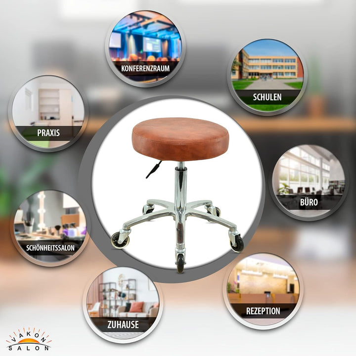 VAKON SALON - Premium Rollhocker Hellbraun höhenverstellbar von 50 bis 65 cm - Rundsitz- Drehhocker