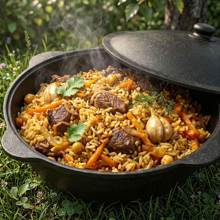 Original Usbekischer Kasan 8 L aus Gusseisen mit Aluminium-Deckel – Namangan Schwenktopf Dutch Oven
