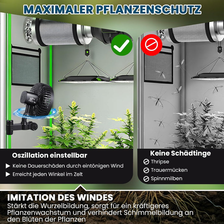 Grow Ventilator oszillierend leise für Growzelt, 10 Stufen &amp; EC-Motor, Clip Ventilator mit Universal