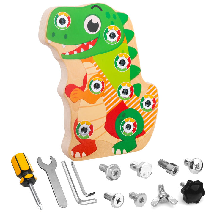 Montessori Dino Schraubbrett aus Holz – Busy Board Motorikbrett Lernspielzeug zur Förderung der Fein