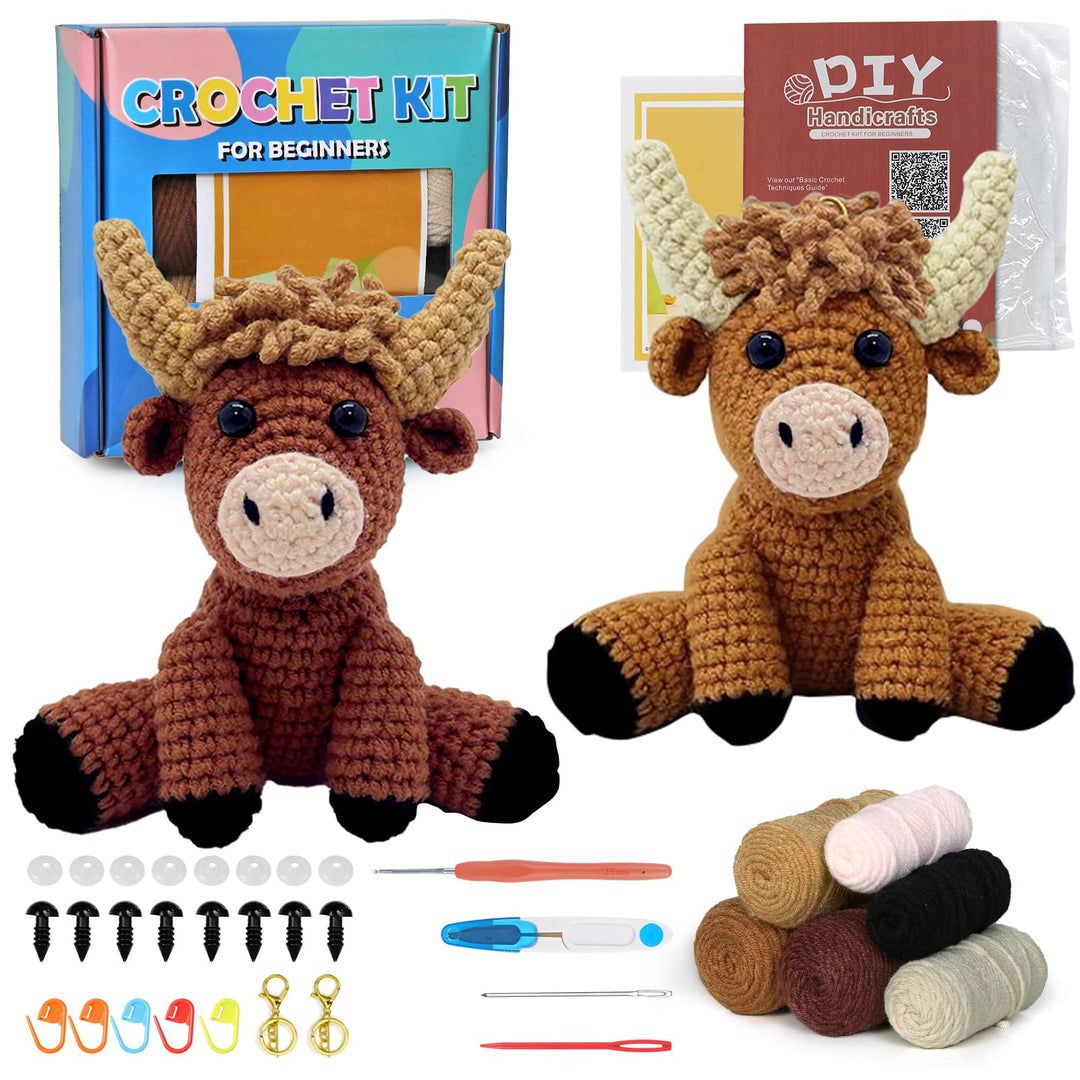 DEMIUKO Häkelset für Anfänger Häkeln Tiere 2 Stück Hochlandrind Strickset für Erwachsene Kinder Stri