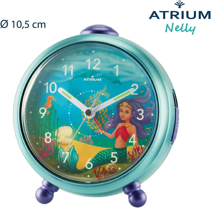 Atrium Kinderwecker Mädchen Nelly Meerjungfrau Türkis Lila Analog Quarz ohne Ticken mit Licht und Sn