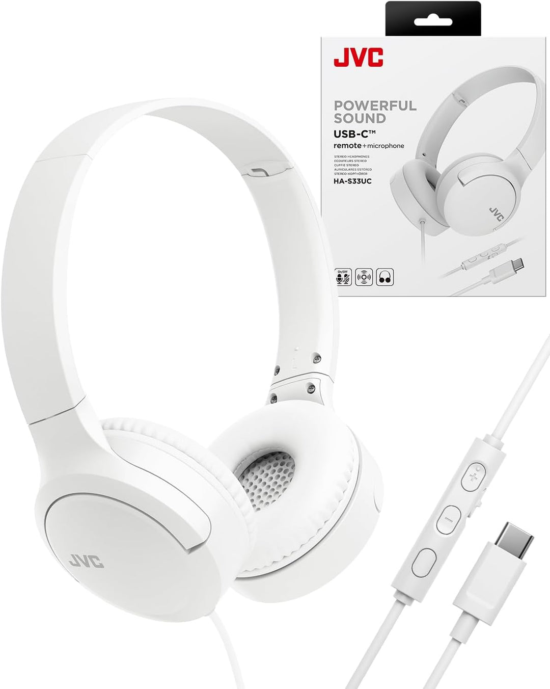 JVC HA-S33UC-W USB-C On-Ear-Kopfhörer, weiche Ohrpolster, faltbar, mit Mikrofon & 3-Tasten-Fernbedie
