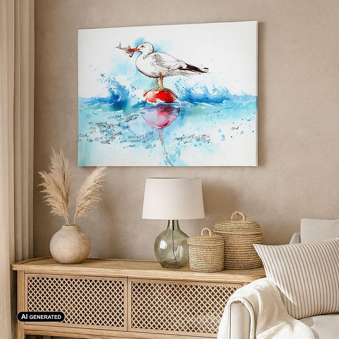 Bilder auf Leinwand Wasser Fische Möwe hungrig Leinwandbild 70x50cm Wandbilder Dekoration Wohnzimmer