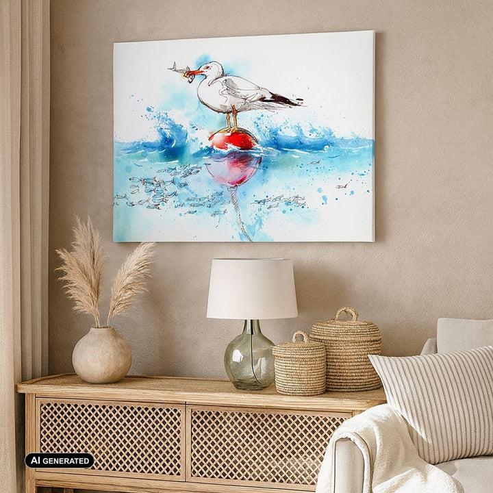 Bilder auf Leinwand Wasser Fische Möwe hungrig Leinwandbild 70x50cm Wandbilder Dekoration Wohnzimmer