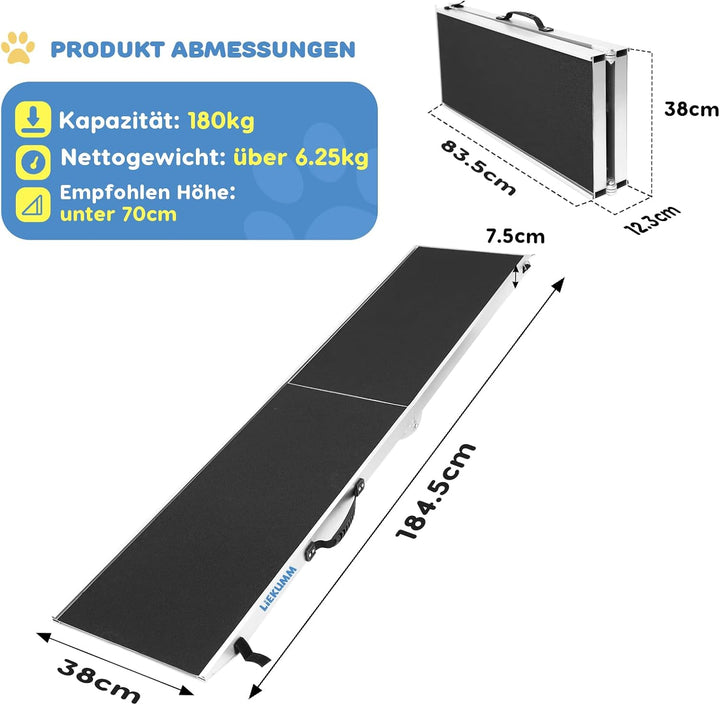 LIEKUMM Hunderrampe Klappbar, 180 kg Tragkraft Aluminium Rampe Hund, 184,5 x 38 cm Hundetreppe für K