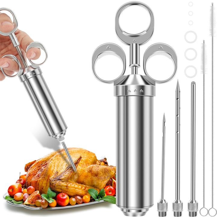 Edelstahl Fleischspritze, Marinadenspritze Kit mit 3 Marinierspritze Nadeln und 2 Reinigungsbürste,
