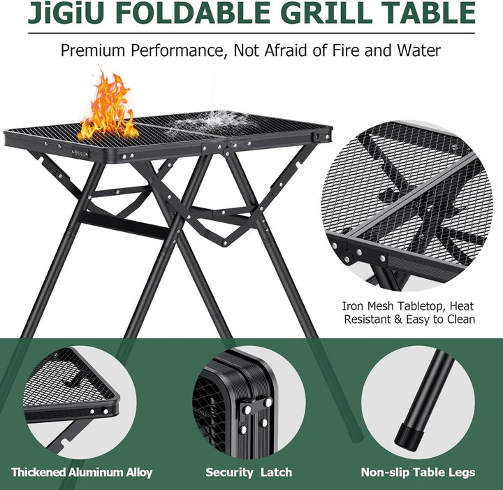 JiGiU Grilltisch 60x40cm Metallgitterplatte mit 3 Höhen & Aluminium Rahmen | Klapptisch Schwarz mit