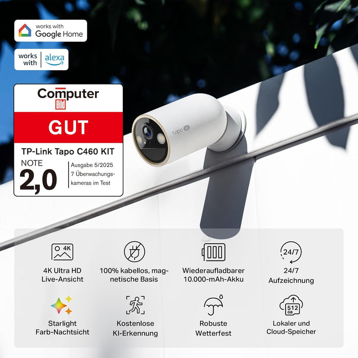 Tapo C460 4K 8MP Überwachungskamera Aussen Akku, Starlight-Farb-Nachtsicht, Dual-Band WLAN, Magnetfu