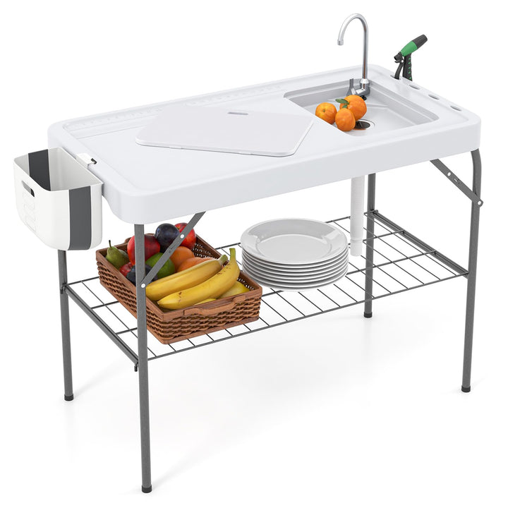 COSTWAY Klappbarer Fischreinigungstisch, Filetiertisch mit Spüle, Gitterablage, Wasserhahn, Sprühdüs