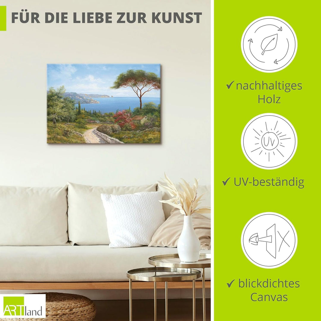 Leinwandbild Wandbild Bild auf Leinwand 100x70 cm Wanddeko Landschaft Toskana Meer Küste Natur Wald