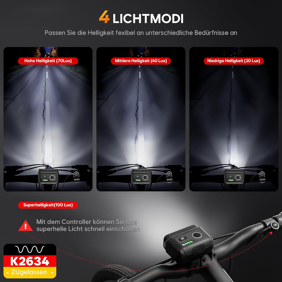 Fahrradlicht Set, 100LUX, Mit Sensorbremse und Fernlichtfunktion, 3200mAh Akku, StVZO zugelassen, Ty