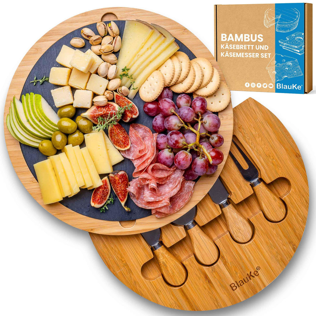 BlauKe Bambus Käsebrett mit Käsemesser Set und Schieferplatte - Servierplatte aus Holz für Käse und