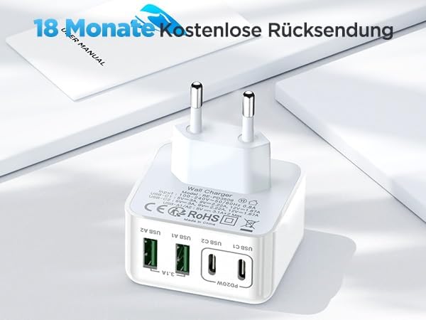 2-Pack USB C Ladegerät, 4 Ports Schnellladegerät PD 3.0 Power Adapter 40W Mehrfach Ladegerät mit USB