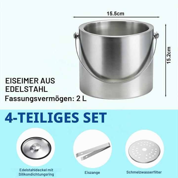 Eiswürfelbehälter mit Deckel, Sieb und Zange, Edelstahl Eiskübel Doppelwandiger Isolierter Eisbehält