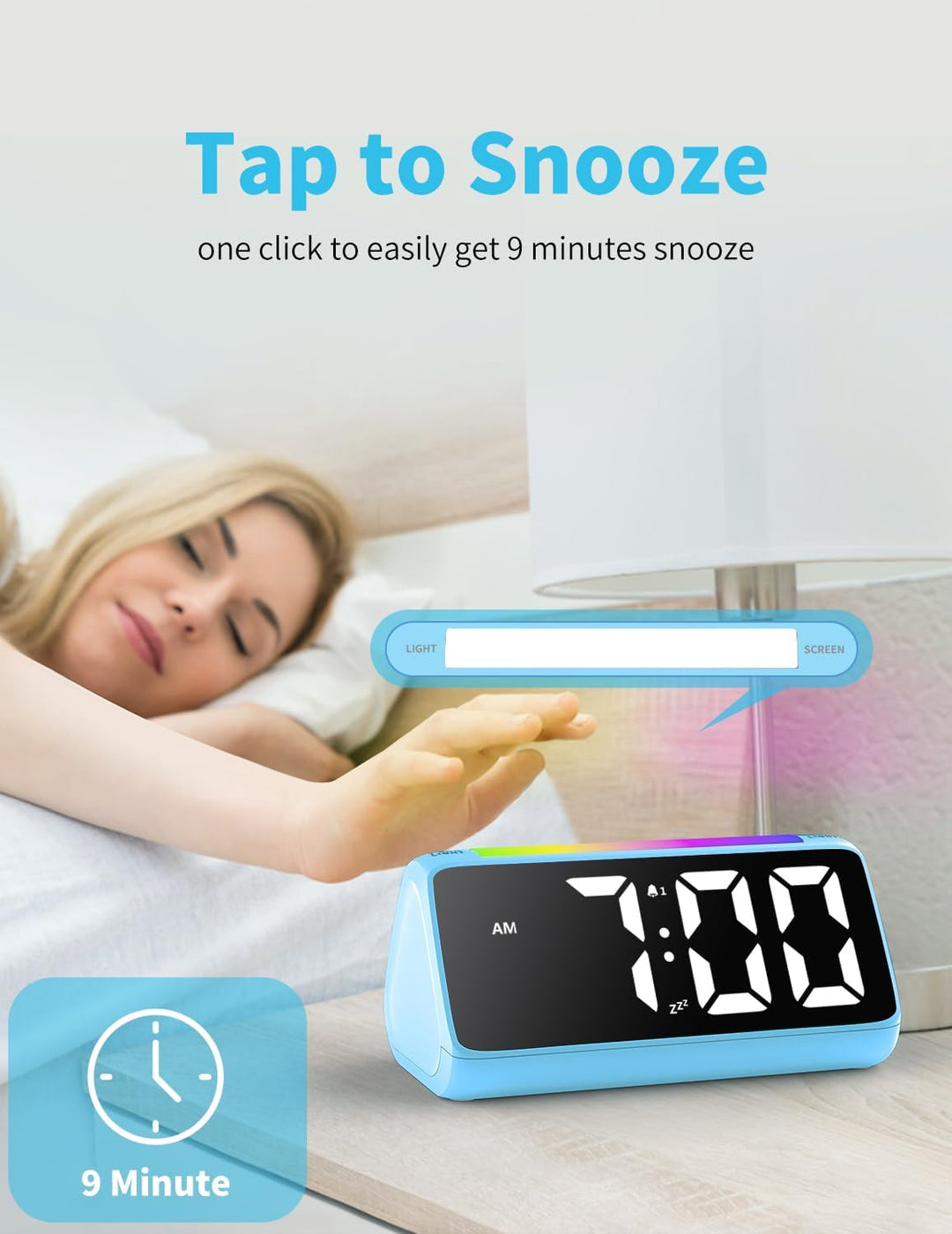 Wecker Digital, Digitaler Wecker Kinder mit Licht, Bunter LED Anzeige, 0-100% Helligkeitsdimmer, 2 A