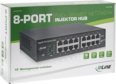 InLine 32308H PoE+ Gigabit Netzwerk Injektor Hub 8 Port (8x PoE+), 1GBit/s, 19" (Winkel enthalten),