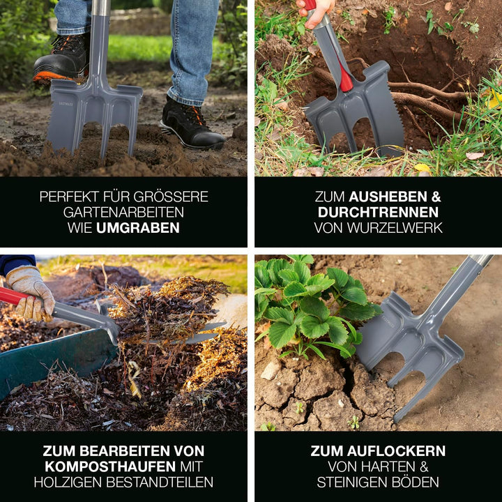 EASYmaxx 4 in 1 Wurzelschaufel & 2 in 1 Spatengabel mit Wurzelsäge im Set | Multifunktionsschaufeln