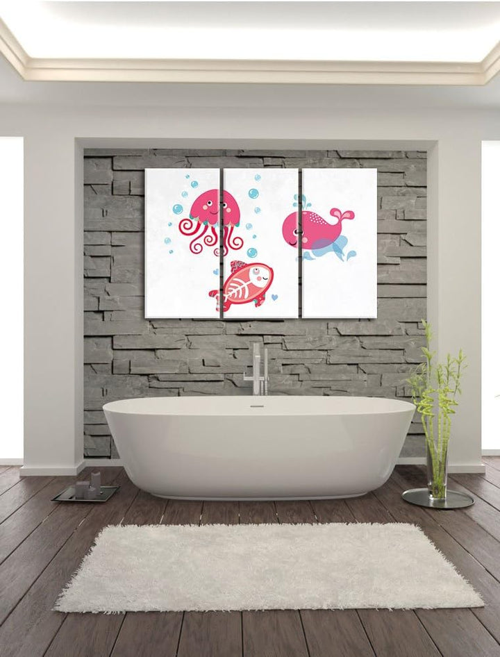 Pixxprint und verspielte Unterwasser Tiere als Leinwandbild/Grösse: 3 Teilig (120x80) cm/Wandbild/Ku