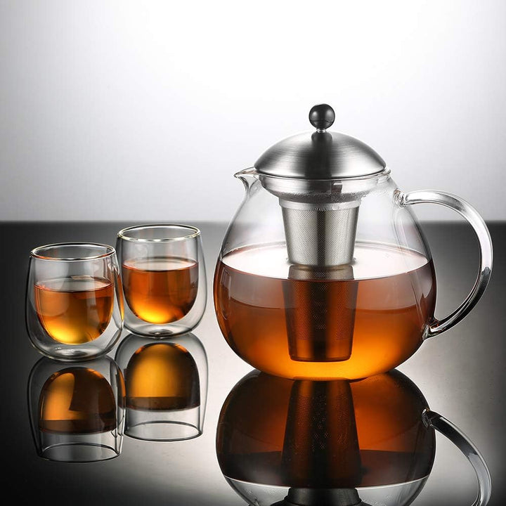 glastal Glas Silberne Teekanne 1500ml mit 18/8 Edelstahl Teesieb Borosilicate Glas Teebereiter Glask