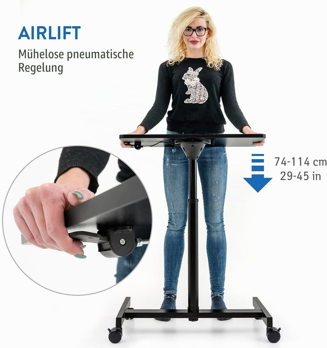 Tatkraft Focus Airlift Pneumatischer Sitz-Steh Laptoptisch mit 4 Rädern, Höhenverstellbar 74-114 cm