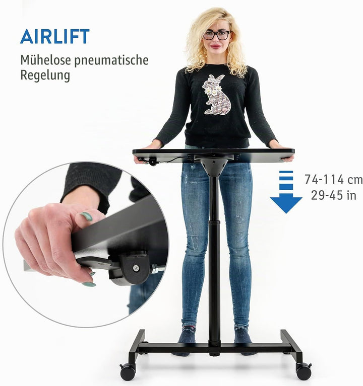 Tatkraft Focus Airlift Pneumatischer Sitz-Steh Laptoptisch mit 4 Rädern, Höhenverstellbar 74-114 cm