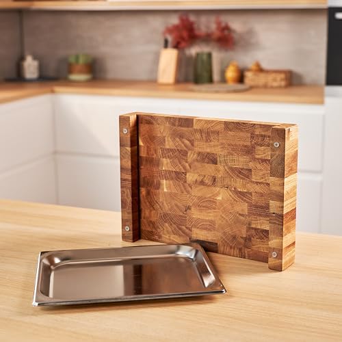 B4K® Profi-Küchenbrett-Set aus Eiche – Stirnholz Schneidebrett 40×30×6 cm mit Auffangschale + Hackbl