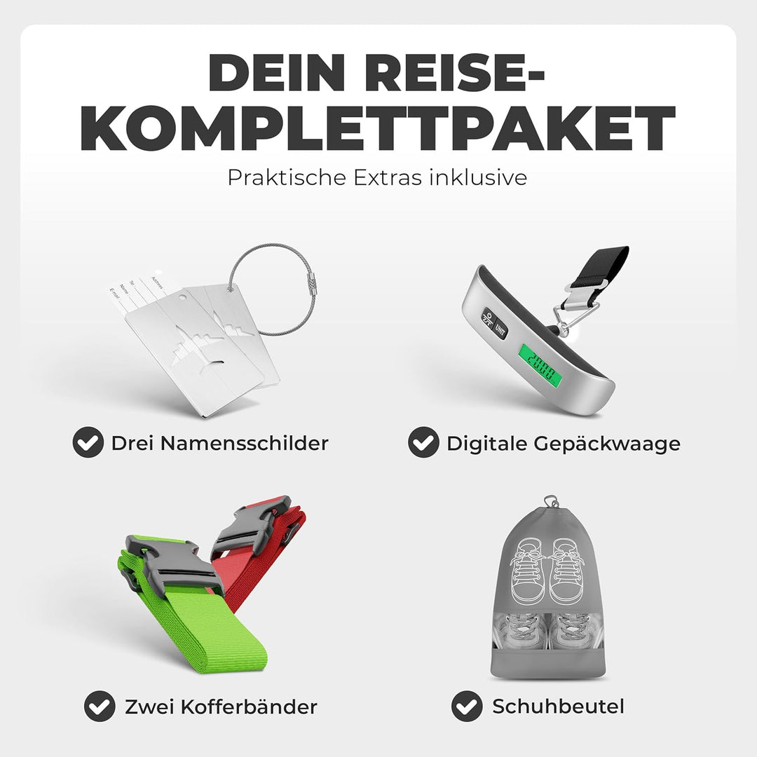 3erKoffersetXXL Komplettpaket – Sichere und leichte ABS Hartschalenkoffer 20"24"28" mit Rollen – Rei