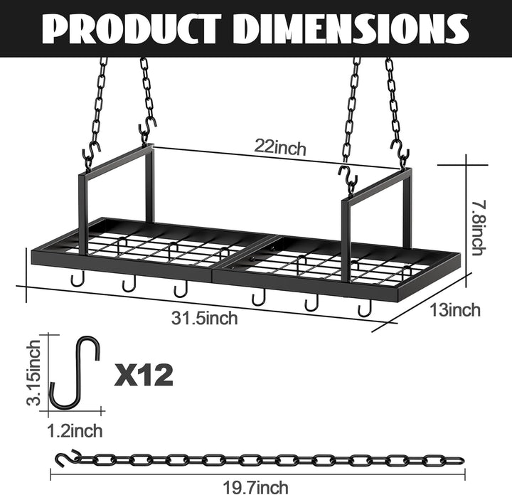 Hängendes Topfregal, 78,9 cm Topfaufhänger für Küche, Deckenmontage, Topfregal mit 12 abnehmbaren S-