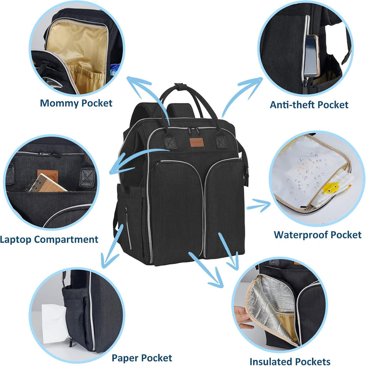 Gloppie Wickeltasche Rucksack Baby Wickelrucksack mit Tragbarer Wickelauflage und Kinderwagengurten,