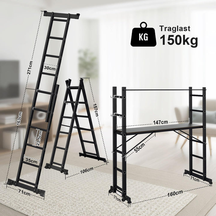 Gimisgu Gerüst, 4 in 1 Alu Multifunktionsleiter 6+6 Stufen, Mobile Mehrzweckleiter mit Plattform und