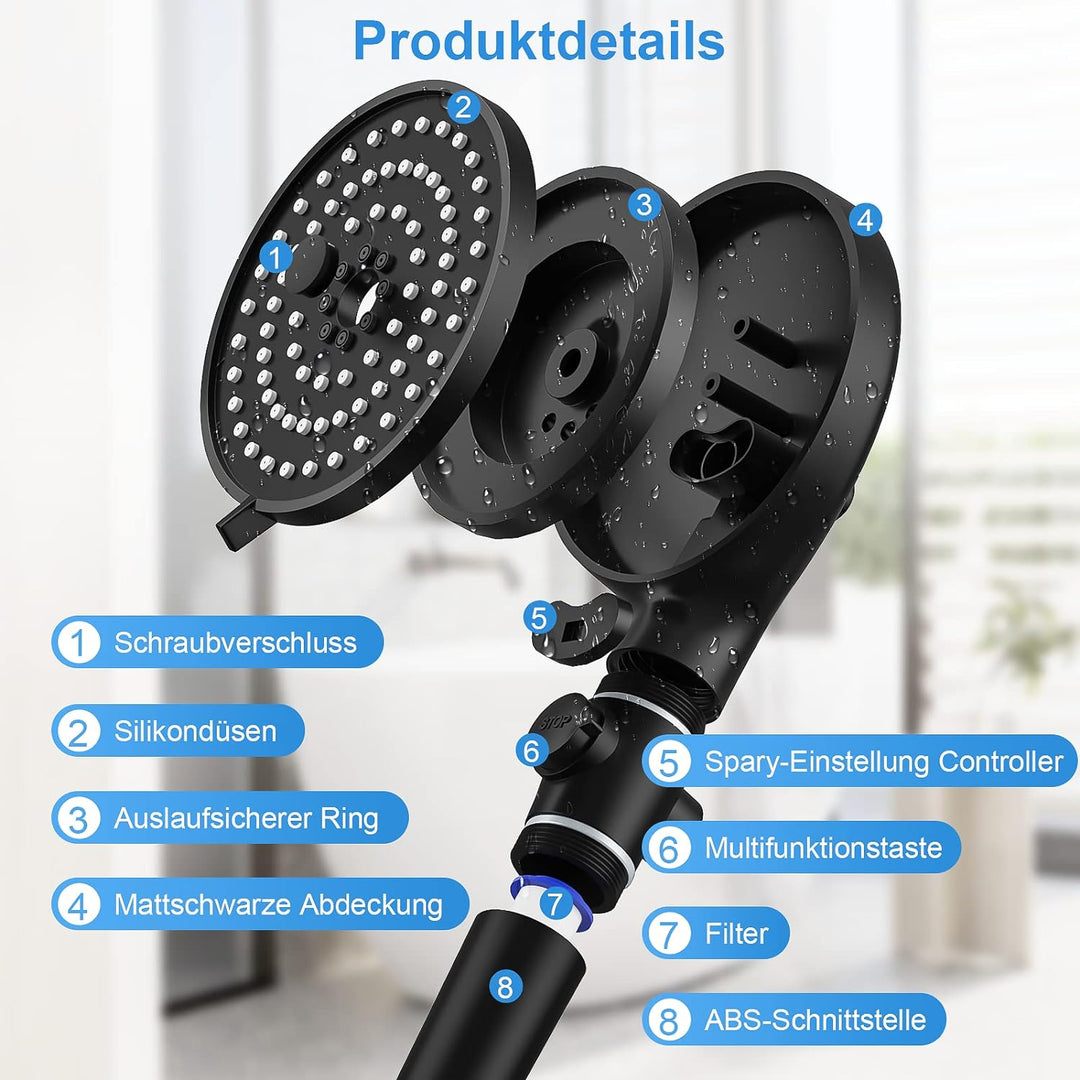 Duschkopf Wassersparender 4.6L/Min, VESKYAO Hochdruck Handbrause Sparduschkopf mit Filter & Wasserst