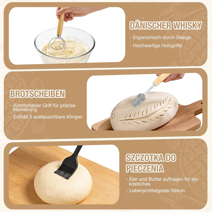 Sauerteig Starter Set,13-teilig Brotgärkorb -Set- aus Silikon，Komplettset Brot Backen Zubehör, Gesch