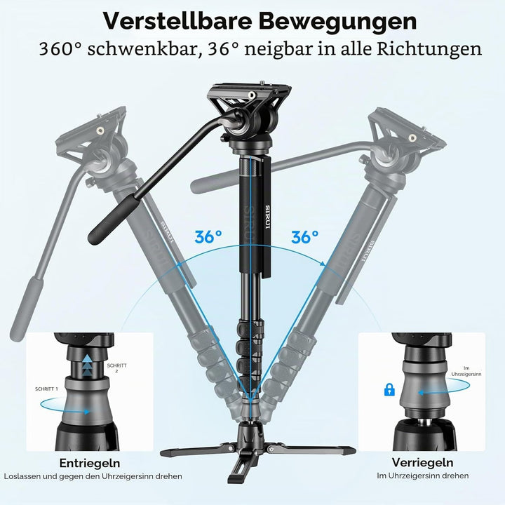 SIRUI AM-MDP02 Video Monopod mit Fluidkopf | 188cm Aluminium Einbeinstativ für DSLR & spiegellose Ka