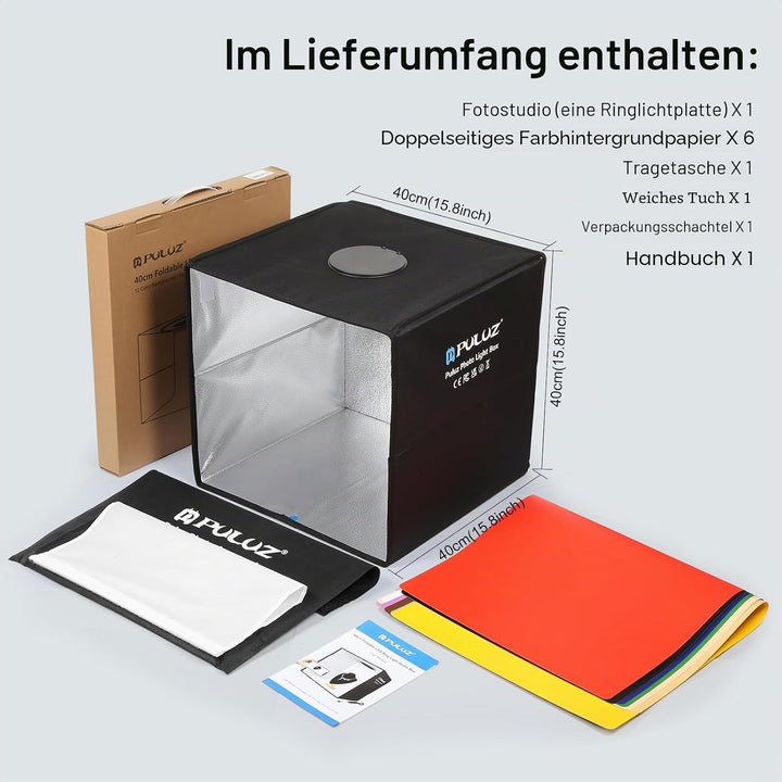 PULUZ Fotostudio Lichtbox Fotobox 40x40x40cm Tragbarer Fotografie Lichtzelte Light Box mit 3 Farbte