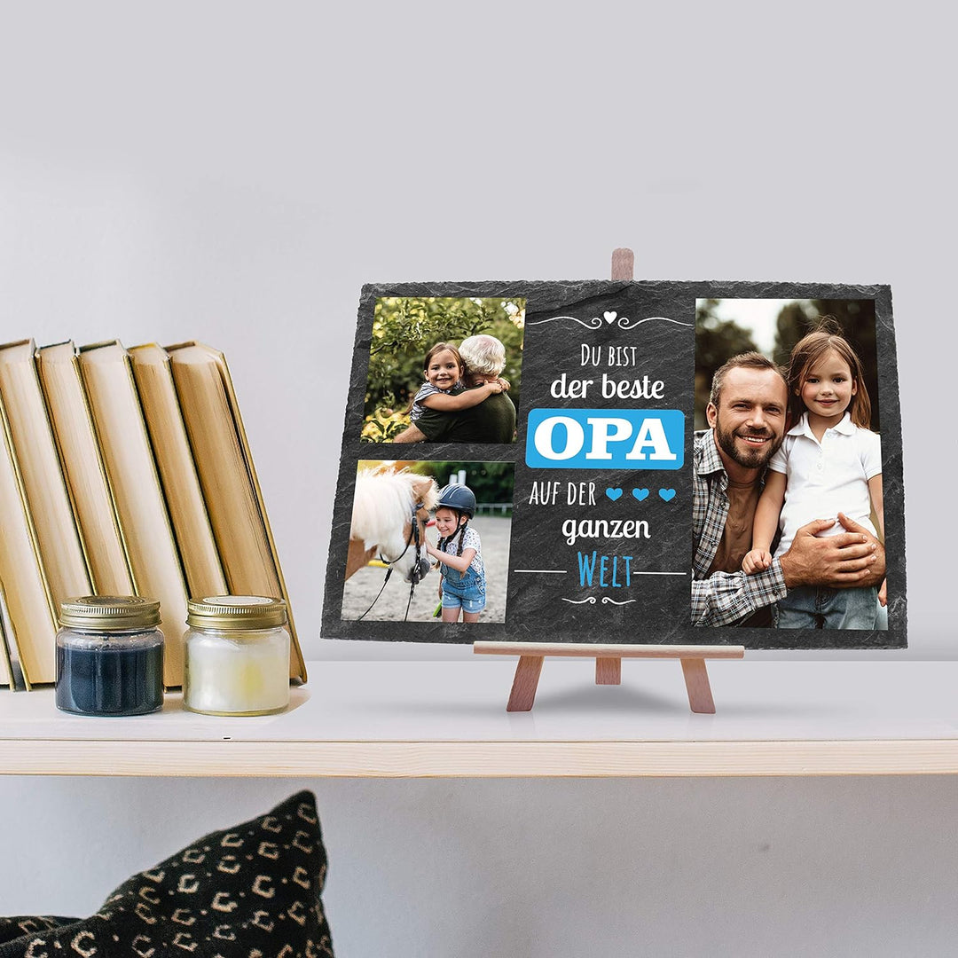 wandmotiv24 Schiefertafel Bester Opa mit Holz-Staffelei, Personalisiert mit 3 Farb-Fotos, Digitaldru