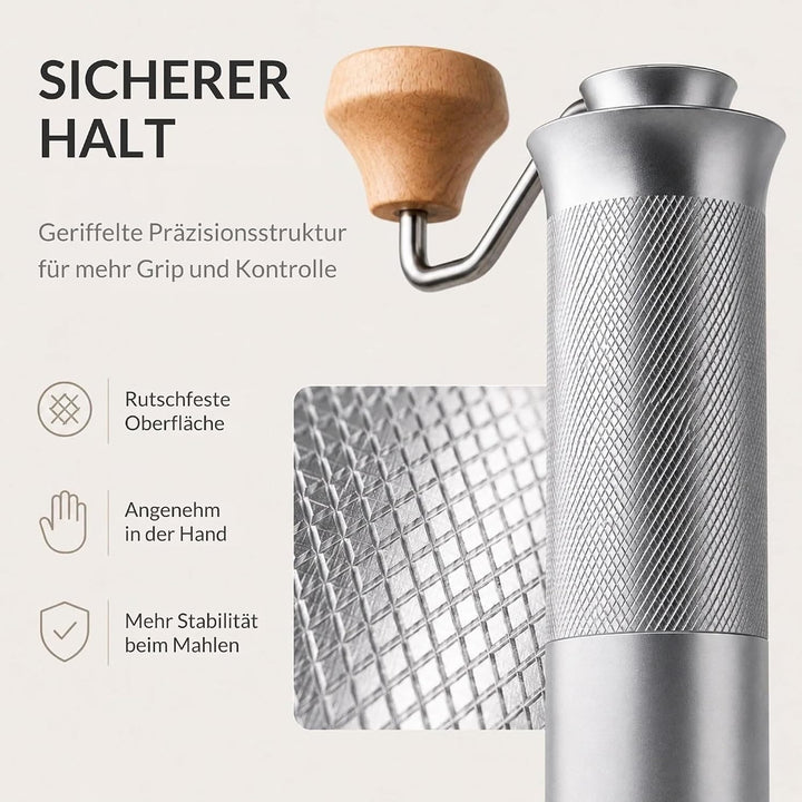 Thiru Handkaffeemühle manuell, Testsieger 2026, Edelstahl-Kegelmahlwerk mit 60 Mahlgraden & Doppella