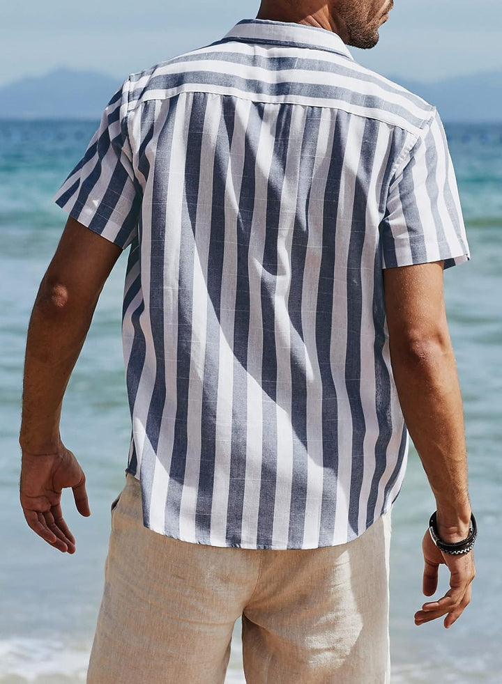 Meilicloth Gestreiftes Hemd Herren Kurzarm Freizeithemd Sommer Casual Regular Fit B Navy Blau Weiss