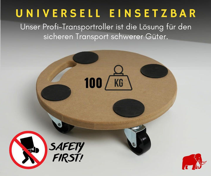 PROREGAL Profi Transportroller Hercules 30x30 cm Rund Schwerlast bis 100 kg mit 4 Gummirollen & Grif