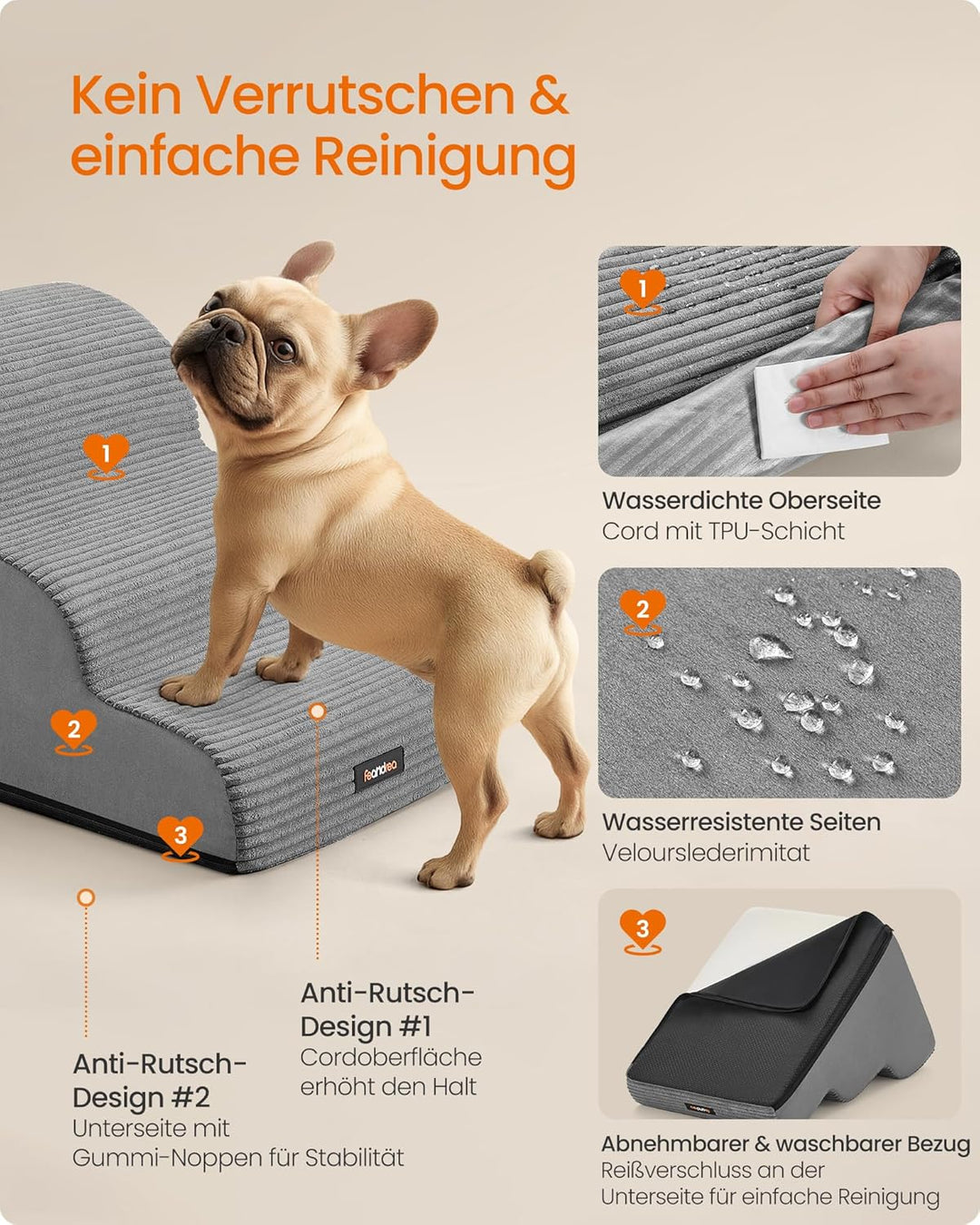 Feandrea Hundetreppe, 3 Stufen, Haustiertreppe, für kleine Hunde, Bett, Sofa, wasserdichte Katzentre