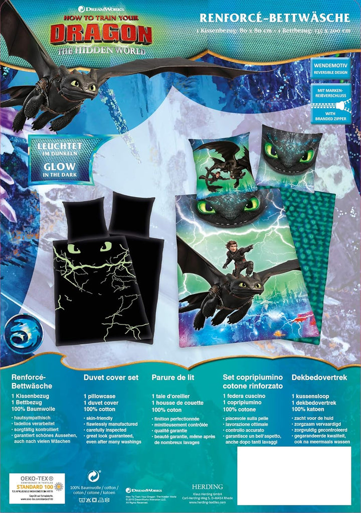Herding DREAMWORKS DRAGONS Bettwäsche-Set, Wendemotiv, Bettbezug 135 x 200 cm, Kopfkissenbezug 80 x