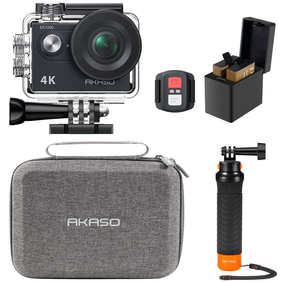 AKASO EK7000 Action Cam mit Schwimmender Handgriff und Tasche, 4K30FPS 20MP WiFi Unterwasserkamera E