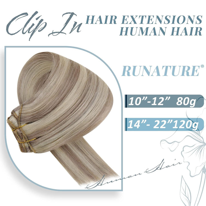 RUNATURE Clip in Haarverlangerung Echthaar Dunkelblond mit Platinblond Naturaliches Echthaar Clip in